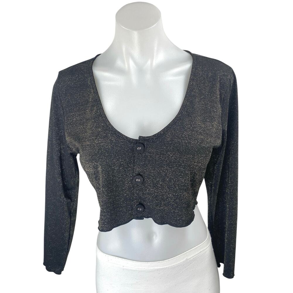 Onia Layla Black Metallic Long Sleeve Button-Up Crop Cardigan Sweater Top Size S